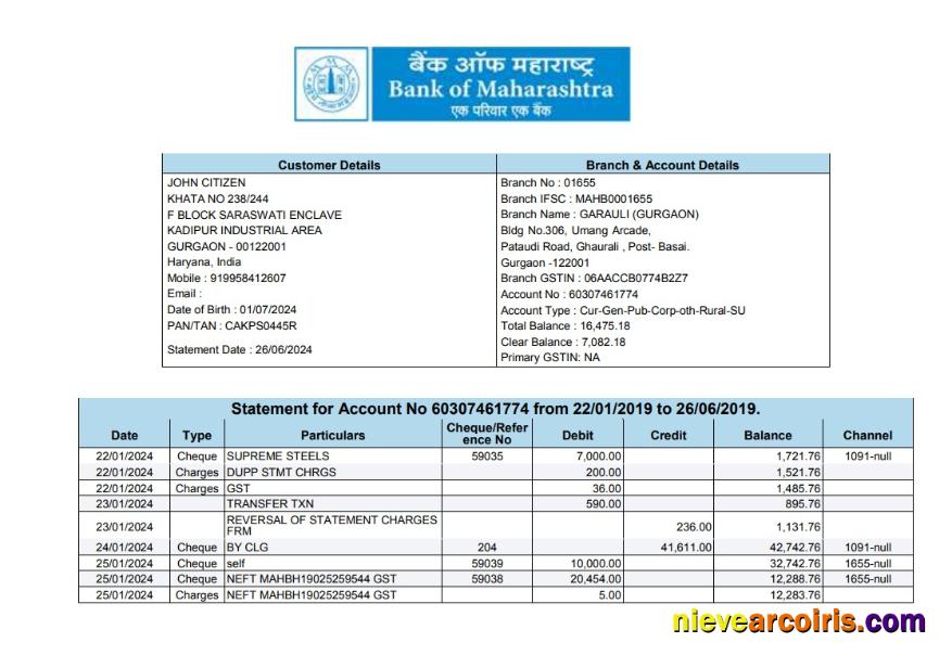 INDIA BANK OF MAHARASHTRA bank statement, Word and PDF format